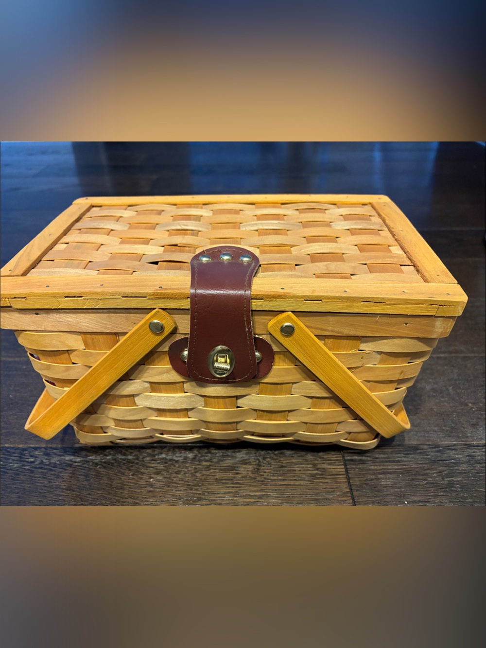 Woven Picnic Basket with Brown Leather Strap